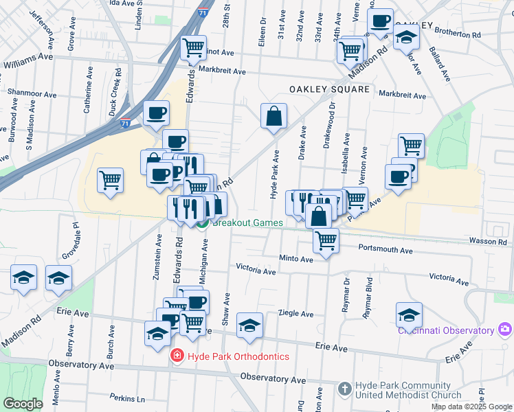 map of restaurants, bars, coffee shops, grocery stores, and more near 3732 Andrew Avenue in Cincinnati