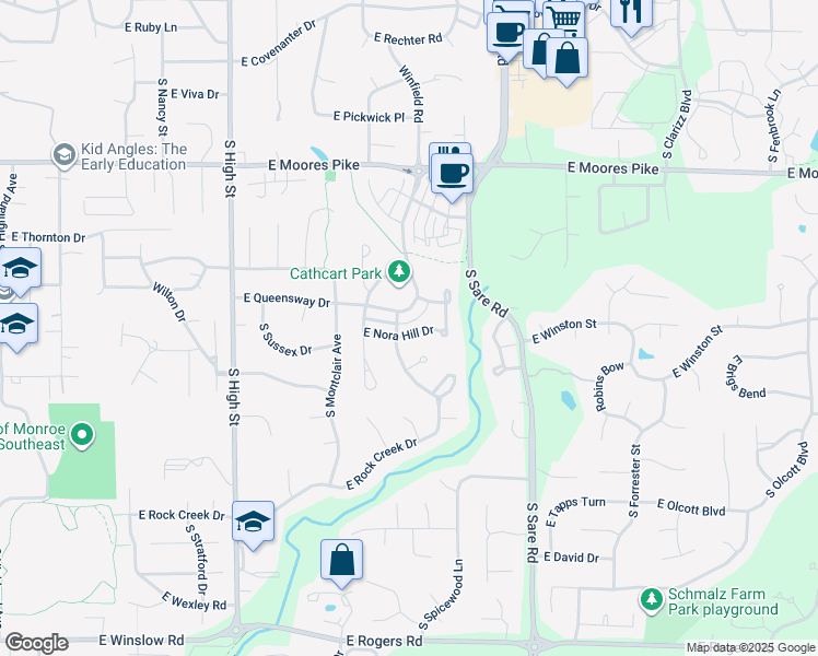 map of restaurants, bars, coffee shops, grocery stores, and more near 1902 South Hawksmoore Drive in Bloomington