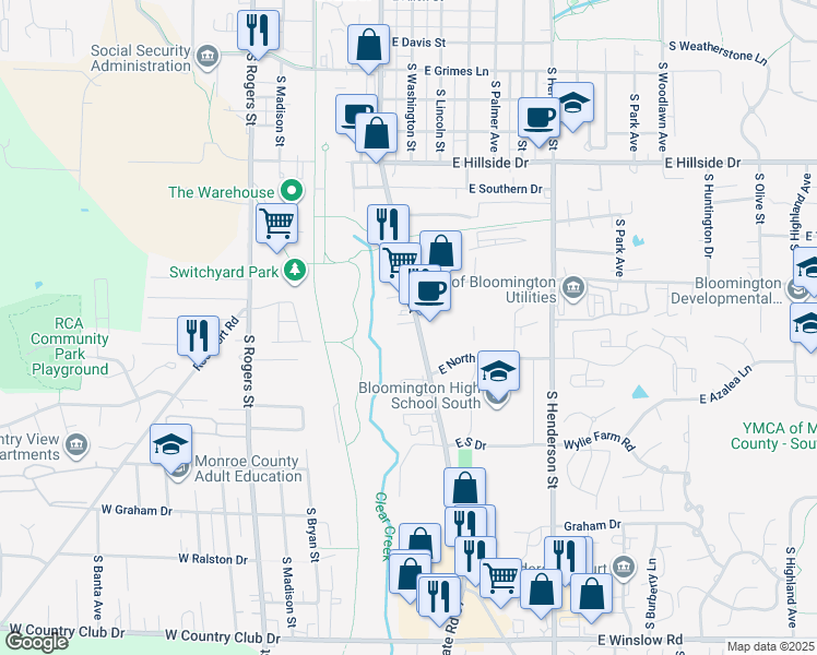 map of restaurants, bars, coffee shops, grocery stores, and more near 1921 South Walnut Street in Bloomington