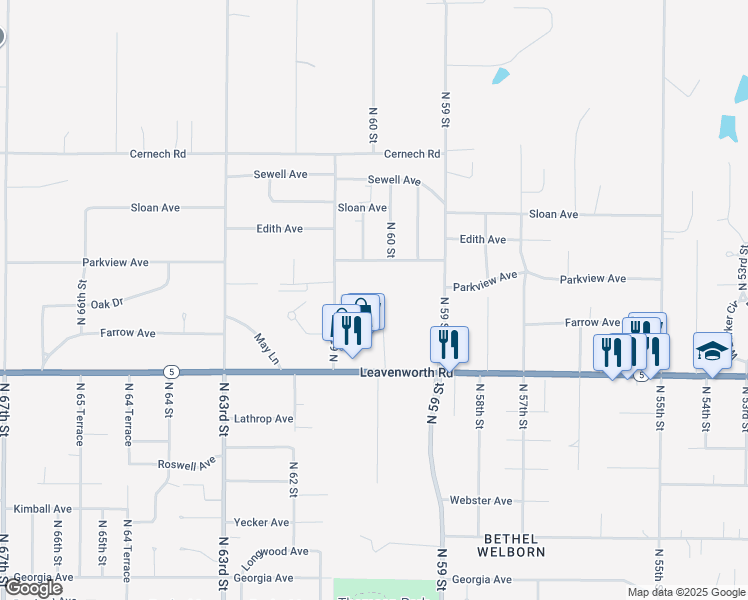 map of restaurants, bars, coffee shops, grocery stores, and more near 6016 Leavenworth Road in Kansas City