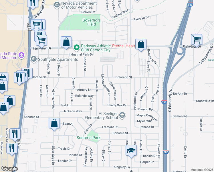map of restaurants, bars, coffee shops, grocery stores, and more near 2421 Meadowbrook Lane in Carson City
