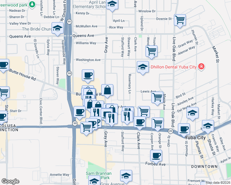 map of restaurants, bars, coffee shops, grocery stores, and more near 1185 Woodworth Avenue in Yuba City