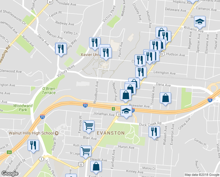 map of restaurants, bars, coffee shops, grocery stores, and more near 3618 Idlewild Avenue in Cincinnati