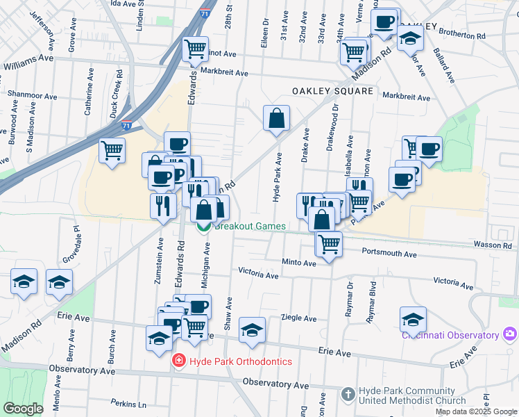 map of restaurants, bars, coffee shops, grocery stores, and more near 3732 Andrew Avenue in Cincinnati