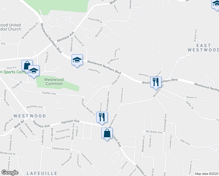 map of restaurants, bars, coffee shops, grocery stores, and more near 3128 Worthington Avenue in Cincinnati