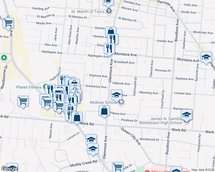 map of restaurants, bars, coffee shops, grocery stores, and more near 3237 Glenmore Avenue in Cincinnati