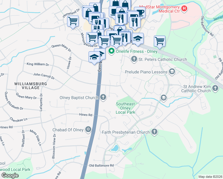 map of restaurants, bars, coffee shops, grocery stores, and more near 17621 Coatbridge Place in Olney