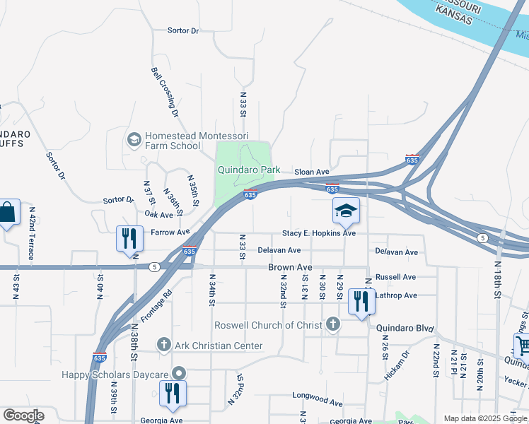 map of restaurants, bars, coffee shops, grocery stores, and more near 3223 North 33 Street in Kansas City
