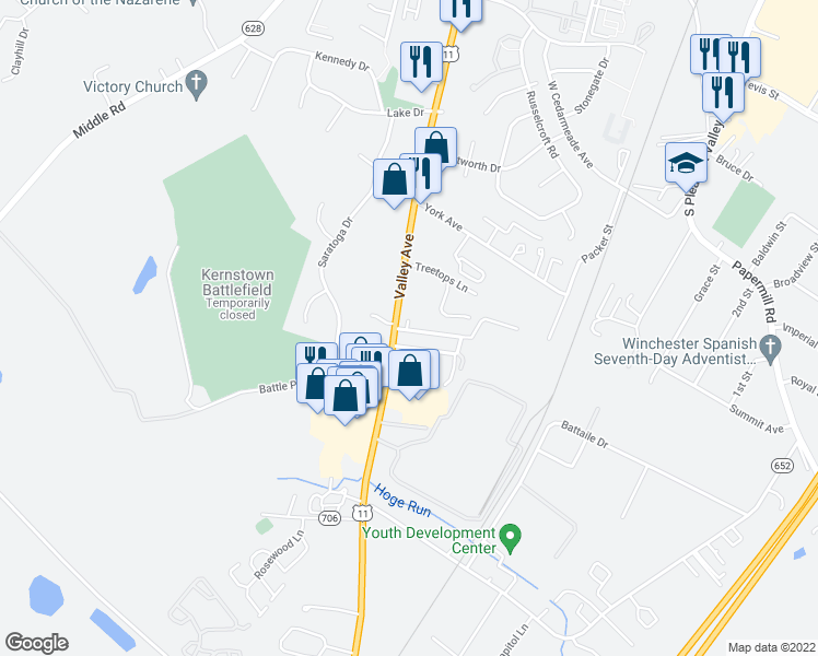 map of restaurants, bars, coffee shops, grocery stores, and more near 558 Armour Dale in Winchester