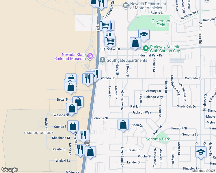 map of restaurants, bars, coffee shops, grocery stores, and more near 2400 Lewis Drive in Carson City