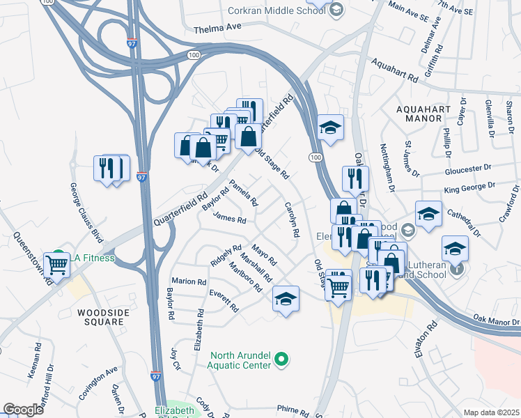 map of restaurants, bars, coffee shops, grocery stores, and more near 707 Pamela Road in Glen Burnie