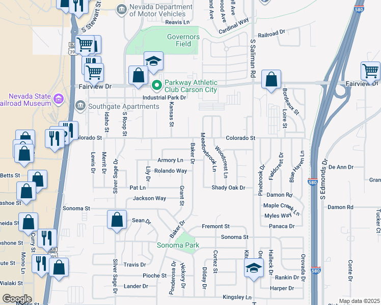 map of restaurants, bars, coffee shops, grocery stores, and more near 2400 Baker Drive in Carson City