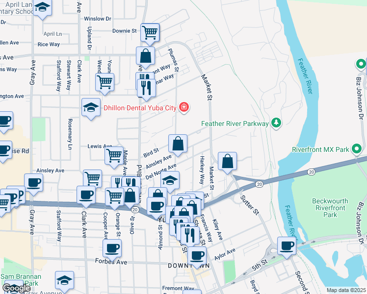 map of restaurants, bars, coffee shops, grocery stores, and more near 349 Ainsley Avenue in Yuba City