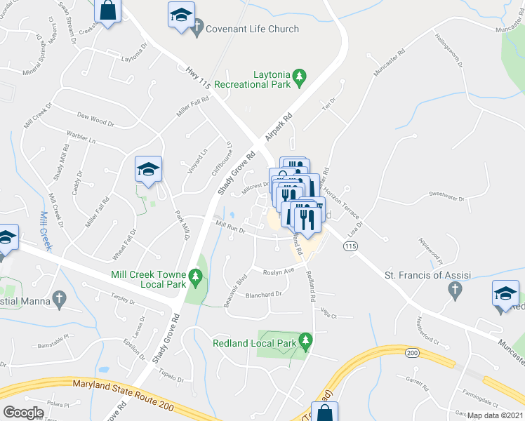 map of restaurants, bars, coffee shops, grocery stores, and more near 7200 Millcrest Terrace in Derwood