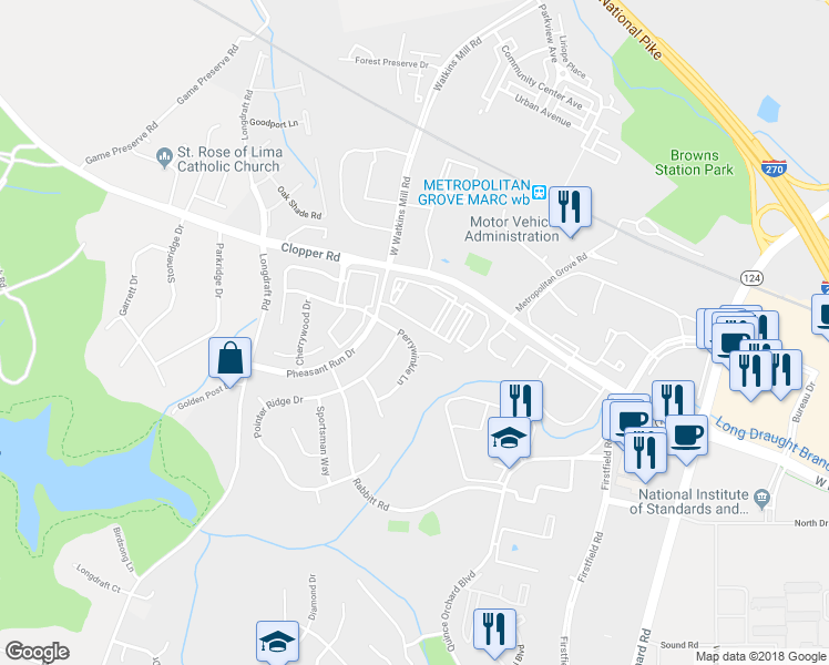 map of restaurants, bars, coffee shops, grocery stores, and more near 214 Perrywinkle Lane in Gaithersburg