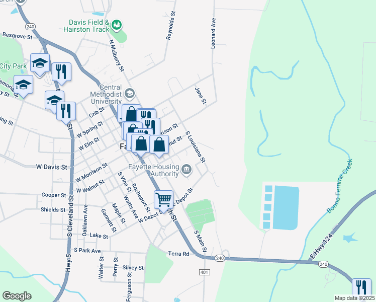 map of restaurants, bars, coffee shops, grocery stores, and more near 321 East Hackberry Street in Fayette