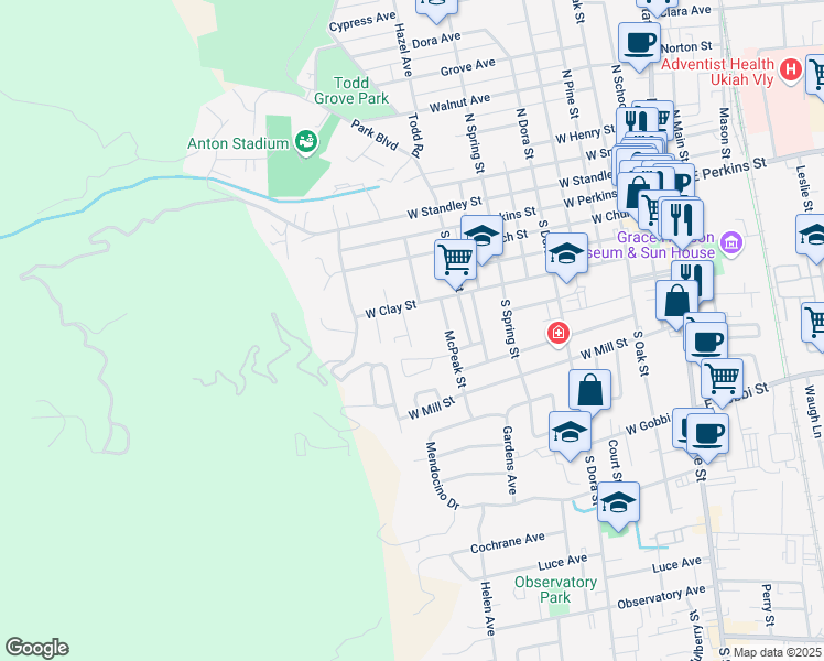 map of restaurants, bars, coffee shops, grocery stores, and more near 449 Eastlick Street in Ukiah