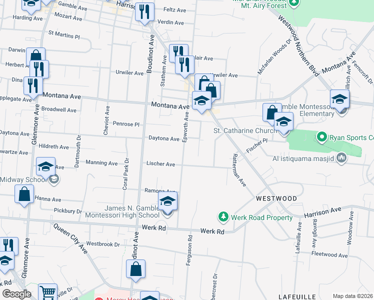 map of restaurants, bars, coffee shops, grocery stores, and more near 3250 Epworth Avenue in Cincinnati