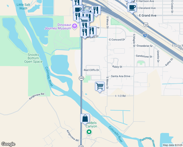 map of restaurants, bars, coffee shops, grocery stores, and more near 269 Clements Way in Fruita