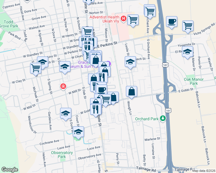 map of restaurants, bars, coffee shops, grocery stores, and more near 206 Main Circle in Ukiah