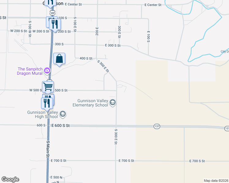map of restaurants, bars, coffee shops, grocery stores, and more near 27 East 500 South Street in Gunnison