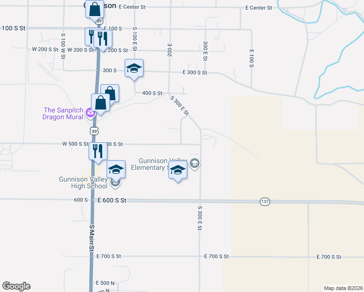 map of restaurants, bars, coffee shops, grocery stores, and more near 67 East 500 South Street in Gunnison