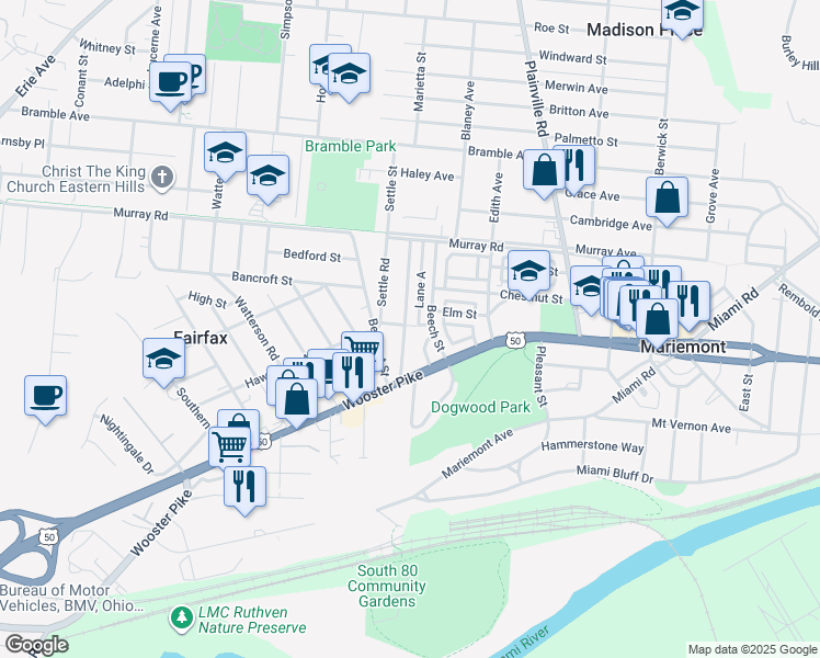 map of restaurants, bars, coffee shops, grocery stores, and more near 3725 Homewood Road in Cincinnati