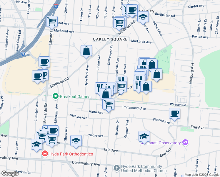 map of restaurants, bars, coffee shops, grocery stores, and more near 3730 Drakewood Drive in Cincinnati