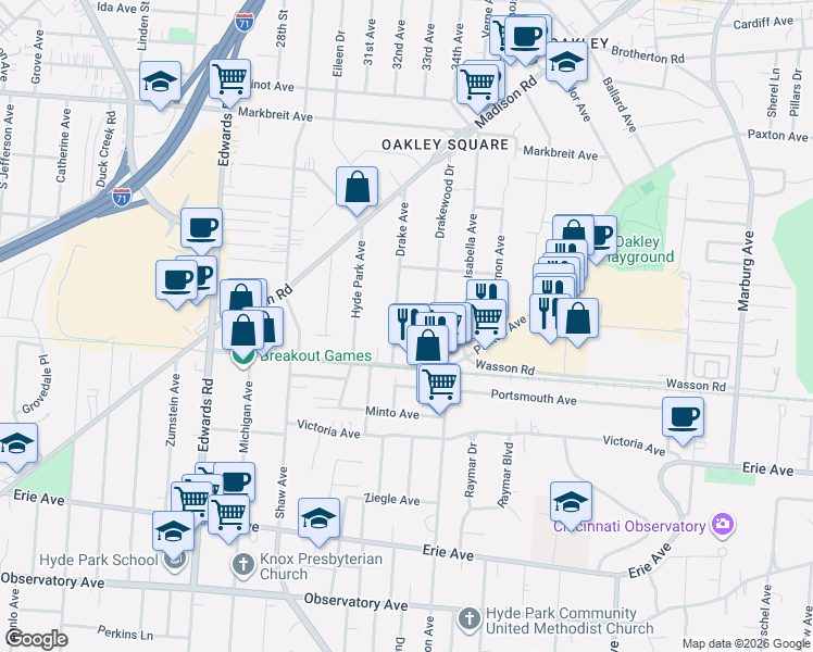 map of restaurants, bars, coffee shops, grocery stores, and more near 3728 Drake Avenue in Cincinnati