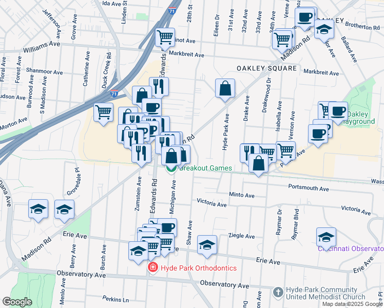 map of restaurants, bars, coffee shops, grocery stores, and more near 3723 Woodland Avenue in Cincinnati
