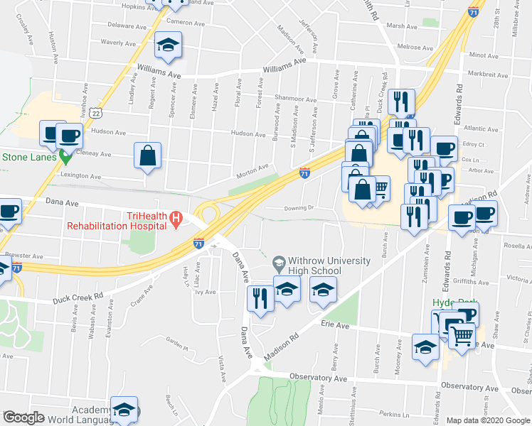 map of restaurants, bars, coffee shops, grocery stores, and more near 3637 Tamarack Avenue in Cincinnati