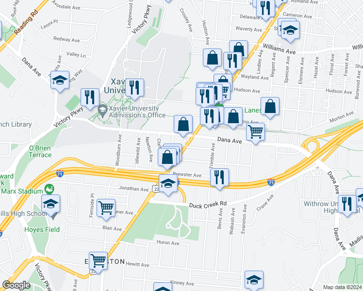 map of restaurants, bars, coffee shops, grocery stores, and more near 3621 Montgomery Road in Cincinnati