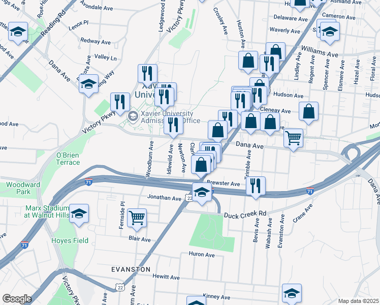 map of restaurants, bars, coffee shops, grocery stores, and more near 3637 Clarion Avenue in Cincinnati