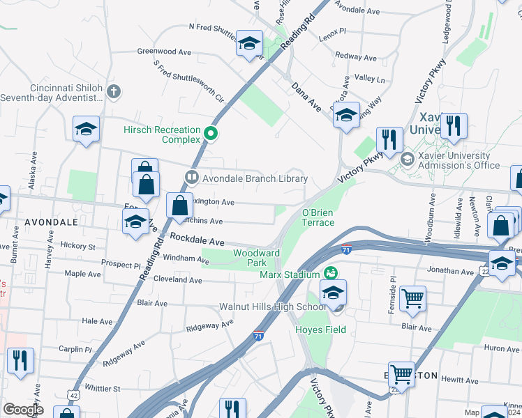 map of restaurants, bars, coffee shops, grocery stores, and more near 915 Lexington Avenue in Cincinnati