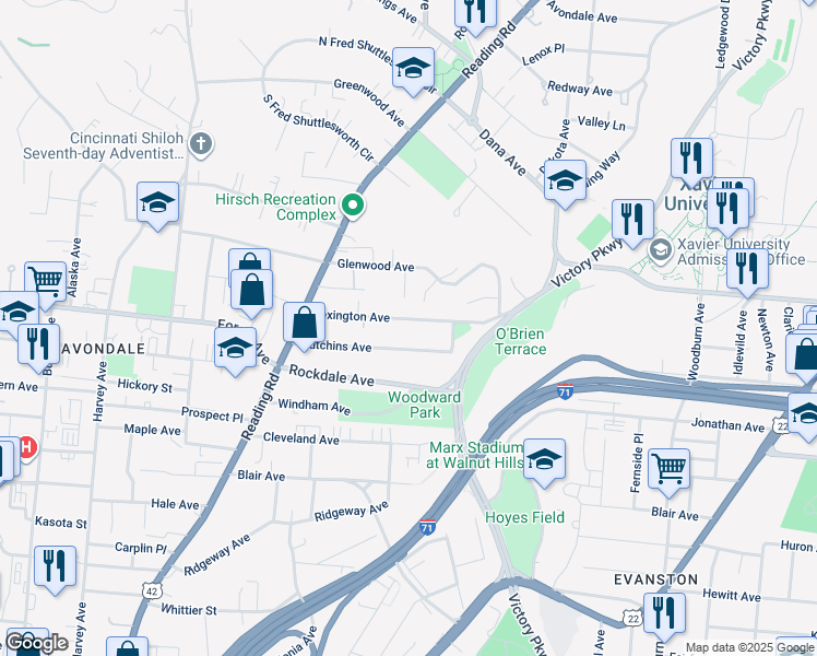 map of restaurants, bars, coffee shops, grocery stores, and more near 887 Lexington Avenue in Cincinnati