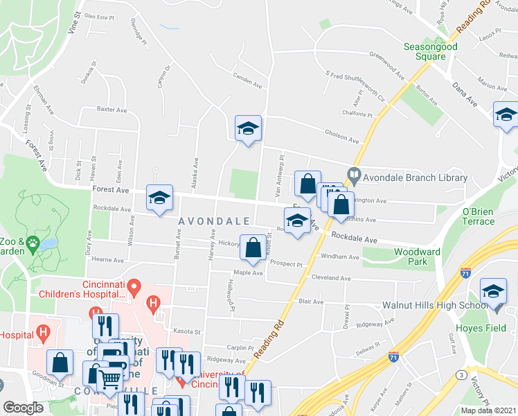 map of restaurants, bars, coffee shops, grocery stores, and more near 605 Forest Avenue in Cincinnati