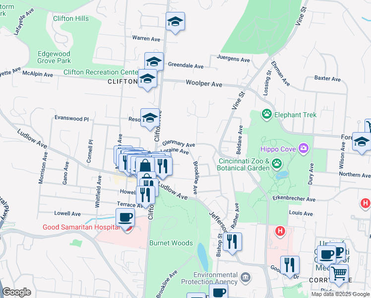 map of restaurants, bars, coffee shops, grocery stores, and more near 3496 Brookline Avenue in Cincinnati