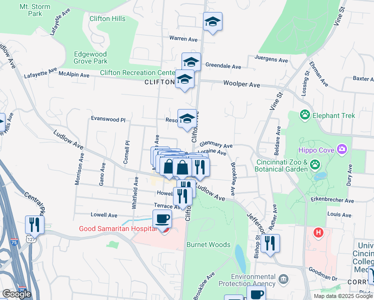 map of restaurants, bars, coffee shops, grocery stores, and more near 264 Loraine Avenue in Cincinnati