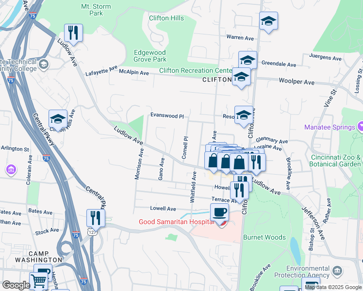 map of restaurants, bars, coffee shops, grocery stores, and more near 3429 Cornell Place in Cincinnati