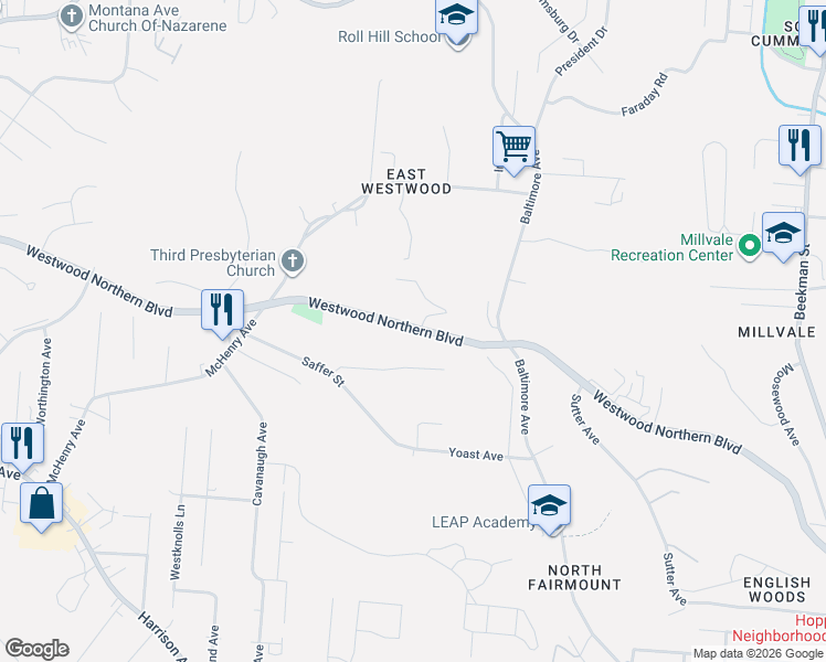 map of restaurants, bars, coffee shops, grocery stores, and more near 2227 Westwood Northern Boulevard in Cincinnati