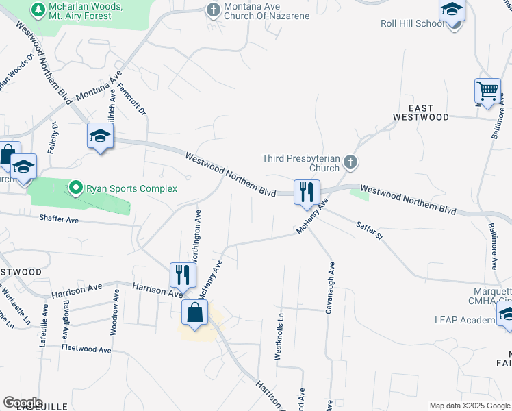 map of restaurants, bars, coffee shops, grocery stores, and more near 3115 McHenry Avenue in Cincinnati