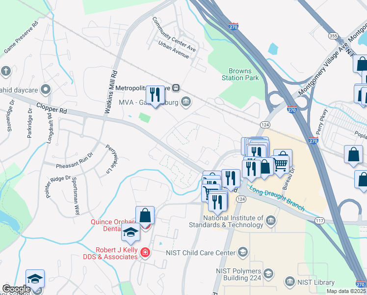 map of restaurants, bars, coffee shops, grocery stores, and more near 973 Maryland 117 in Gaithersburg