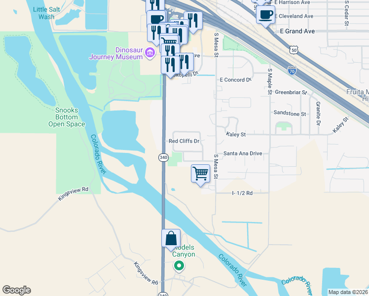 map of restaurants, bars, coffee shops, grocery stores, and more near 269 Clements Way in Fruita