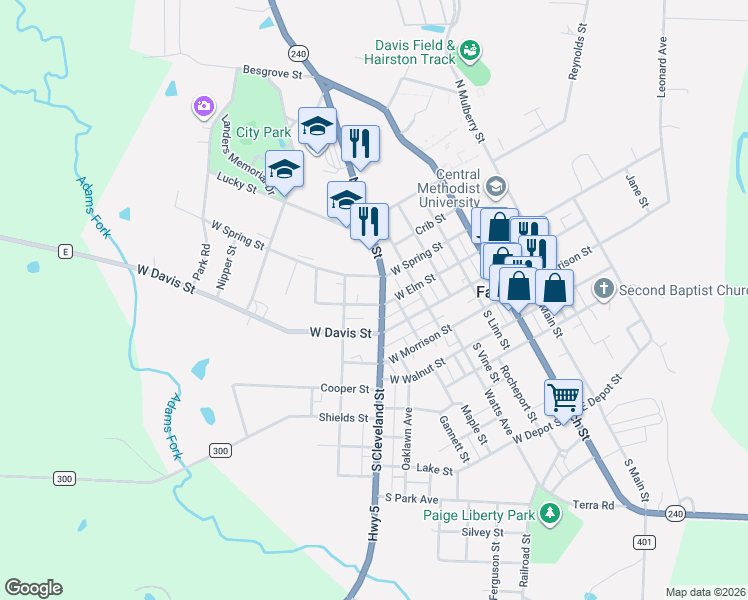 map of restaurants, bars, coffee shops, grocery stores, and more near 601-699 West Elm Street in Fayette