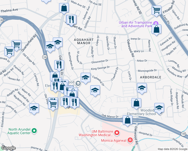 map of restaurants, bars, coffee shops, grocery stores, and more near 1207 Cathedral Drive in Glen Burnie