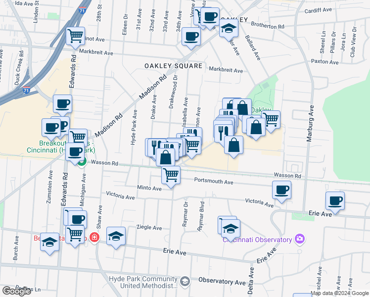 map of restaurants, bars, coffee shops, grocery stores, and more near 3742 Isabella Avenue in Cincinnati