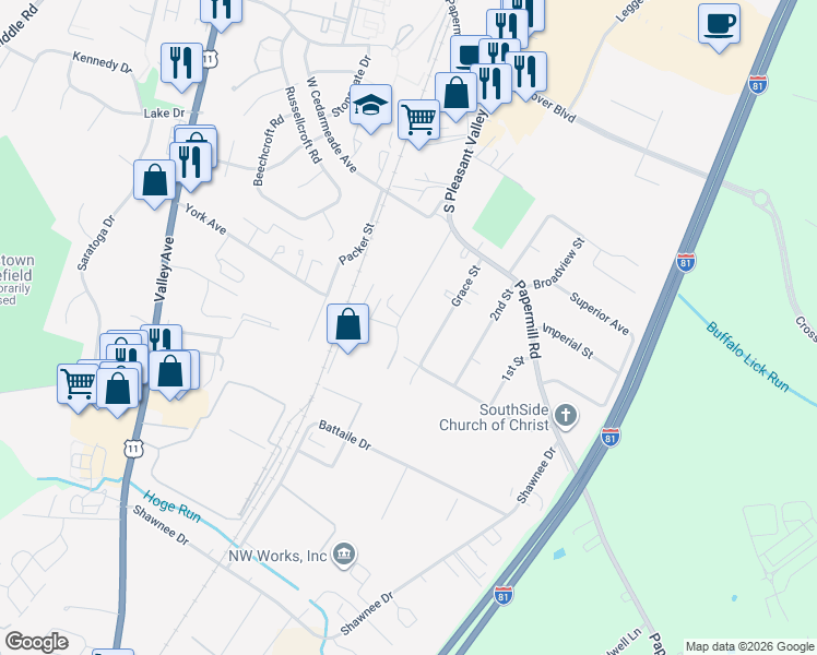 map of restaurants, bars, coffee shops, grocery stores, and more near 2966 South Pleasant Valley Road in Winchester