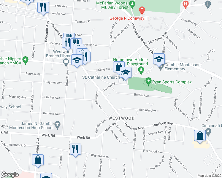 map of restaurants, bars, coffee shops, grocery stores, and more near 2891 Shaffer Avenue in Cincinnati