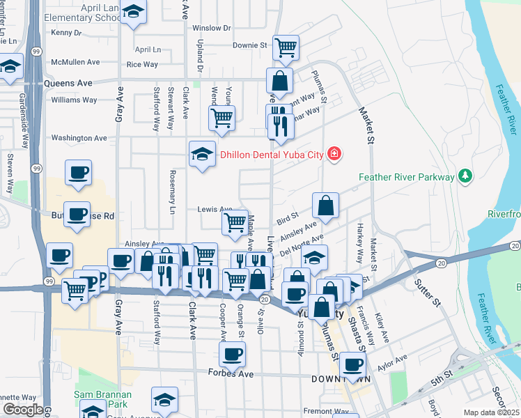 map of restaurants, bars, coffee shops, grocery stores, and more near 1168 Live Oak Blvd in Yuba City