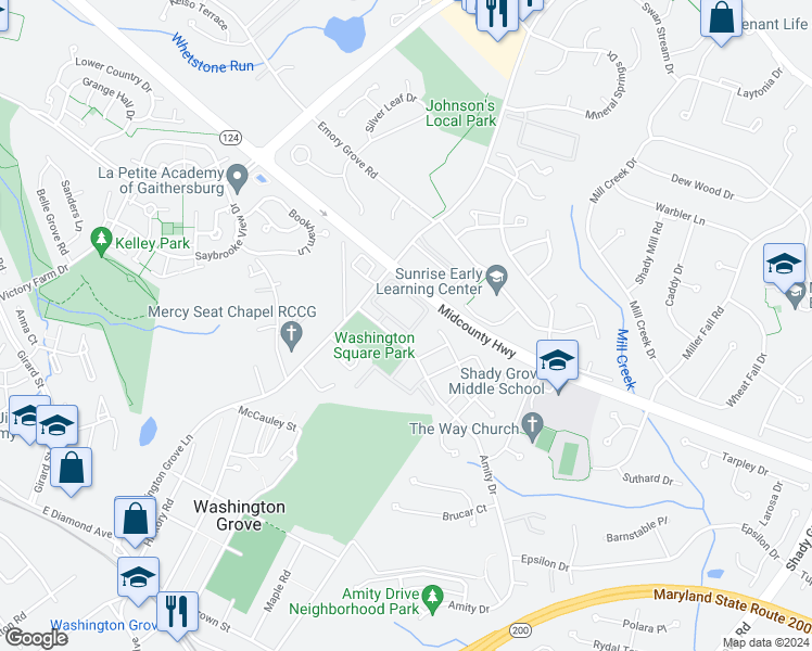 map of restaurants, bars, coffee shops, grocery stores, and more near 8214 Amity Circle in Gaithersburg